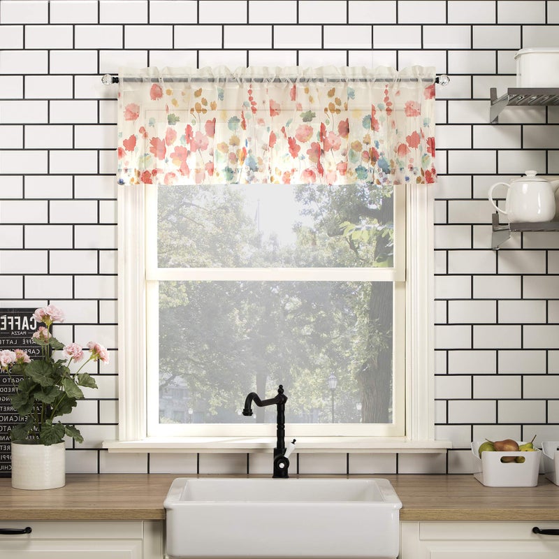 No. 918 Rosalind Watercolor Floral Semi-Sheer Rod Pocket Kitchen Curtain Valance, 54" x 14", Poppy Red - Image 1